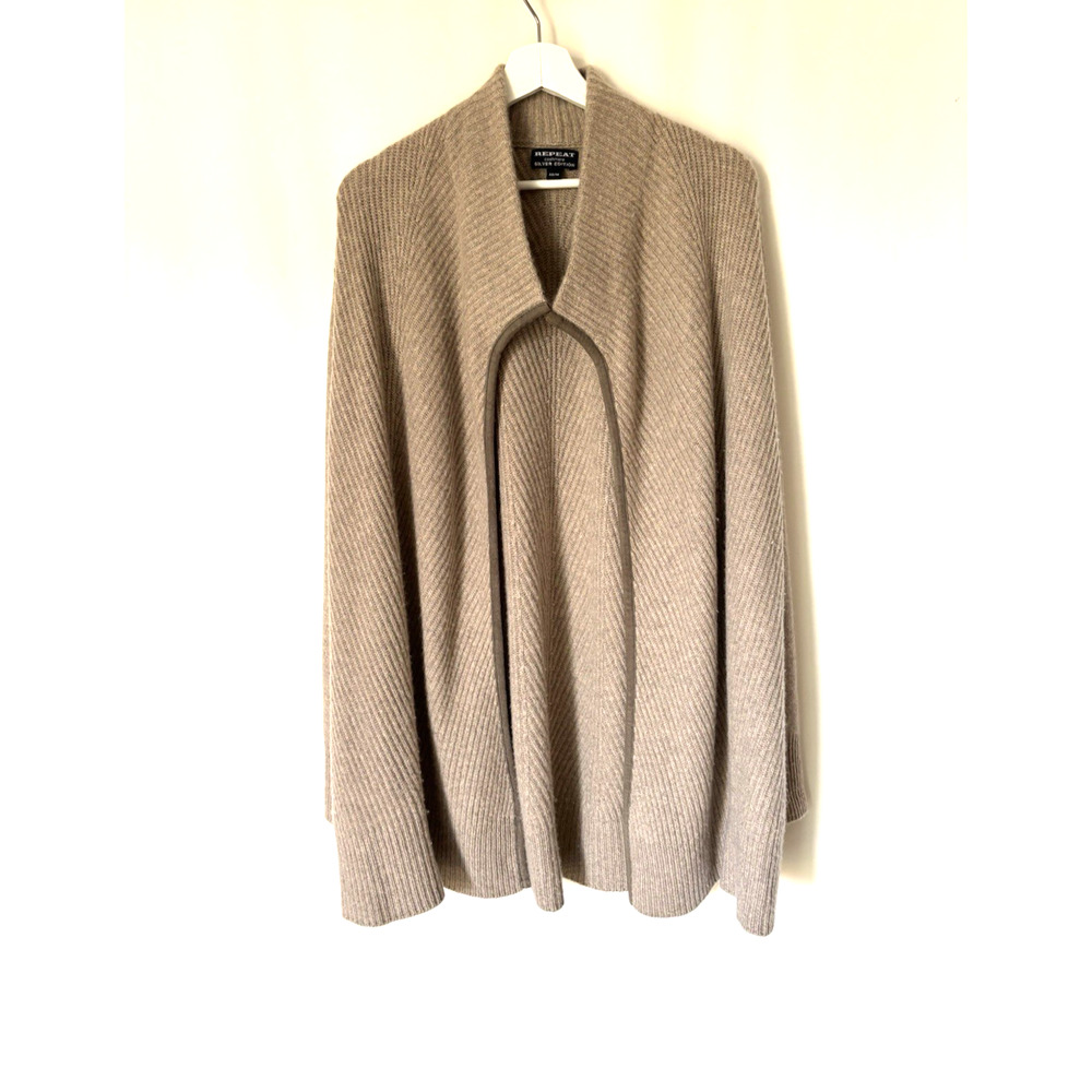 Repeat Womens Cardigan Medium Cashmere Open Front Knit Beige Ribbed